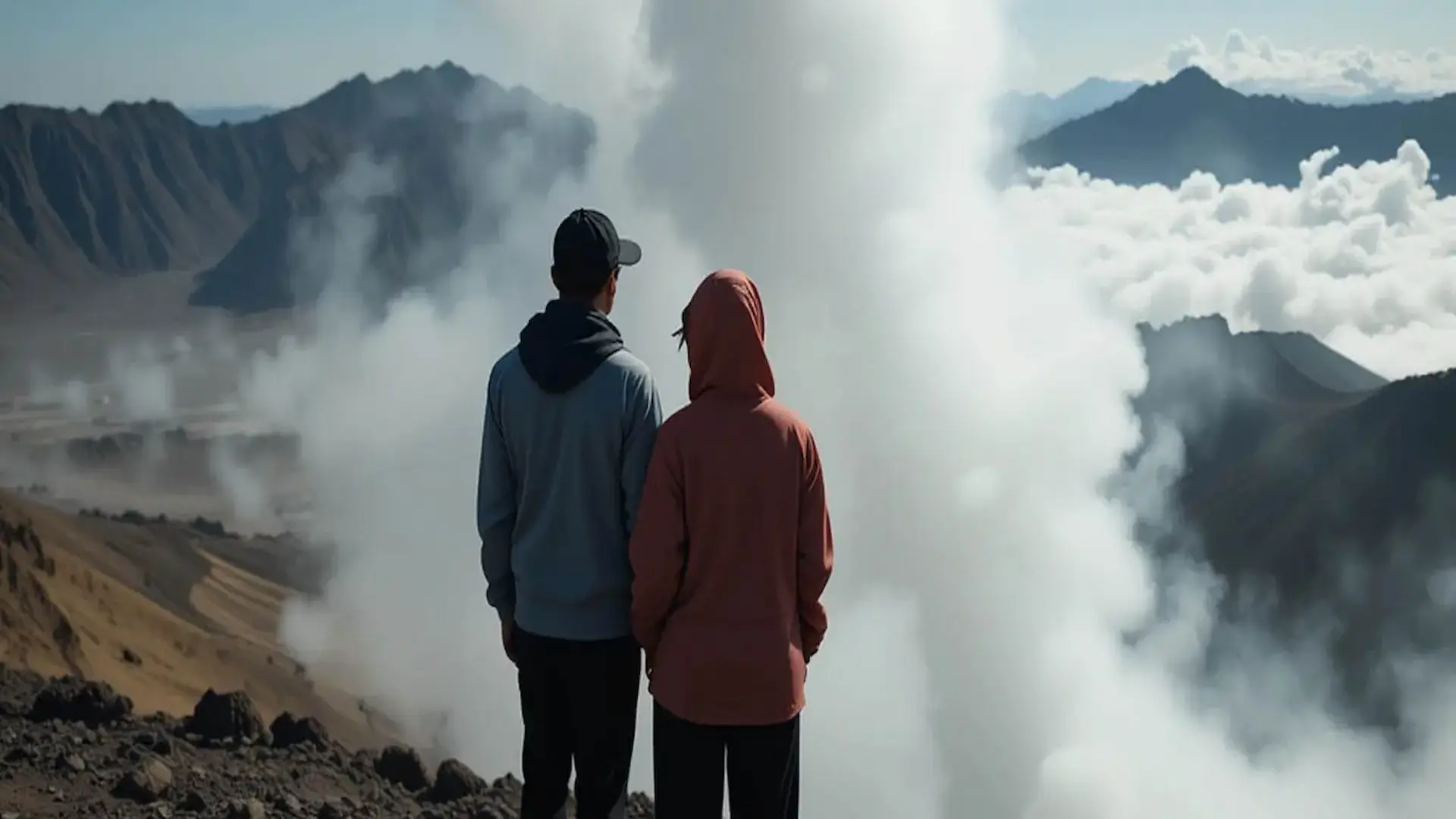 Couple enjoying mountain view with mist